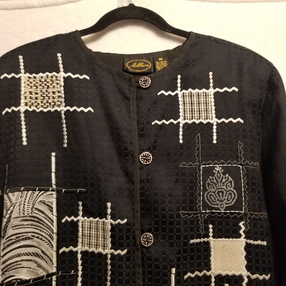 Allure M Blazer Jacket Long Sleeve Button Black Mixed Media Lagenlook Career VTG - Picture 3 of 9